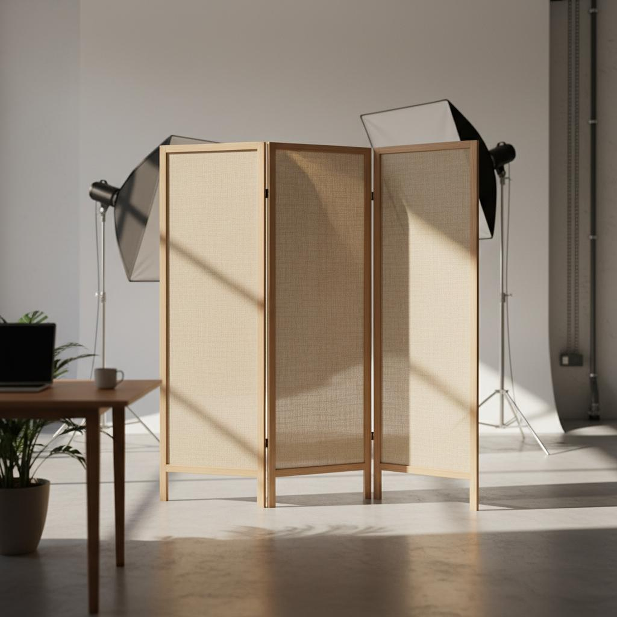 "Folding Fabric Room Divider (3-Panel, 72 x 60 inches, Beige)"