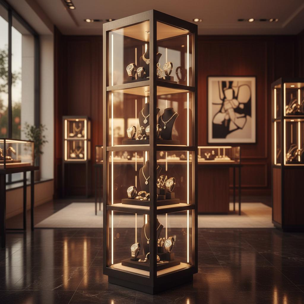 "Full-Glass LED Showcase Tower (Locking, 18 x 18 x 48 inches)"