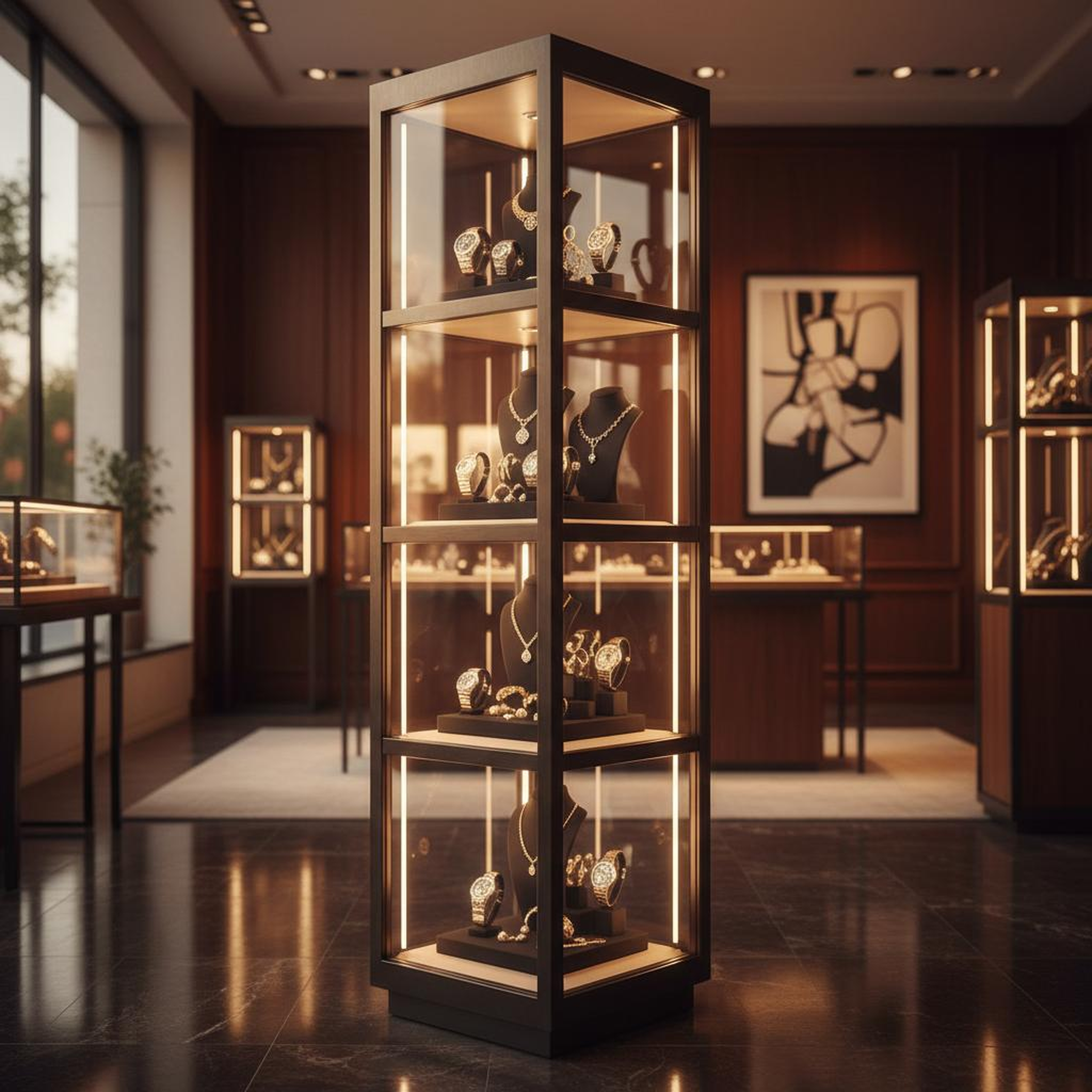 "Full-Glass LED Showcase Tower (Locking, 18 x 18 x 48 inches)"