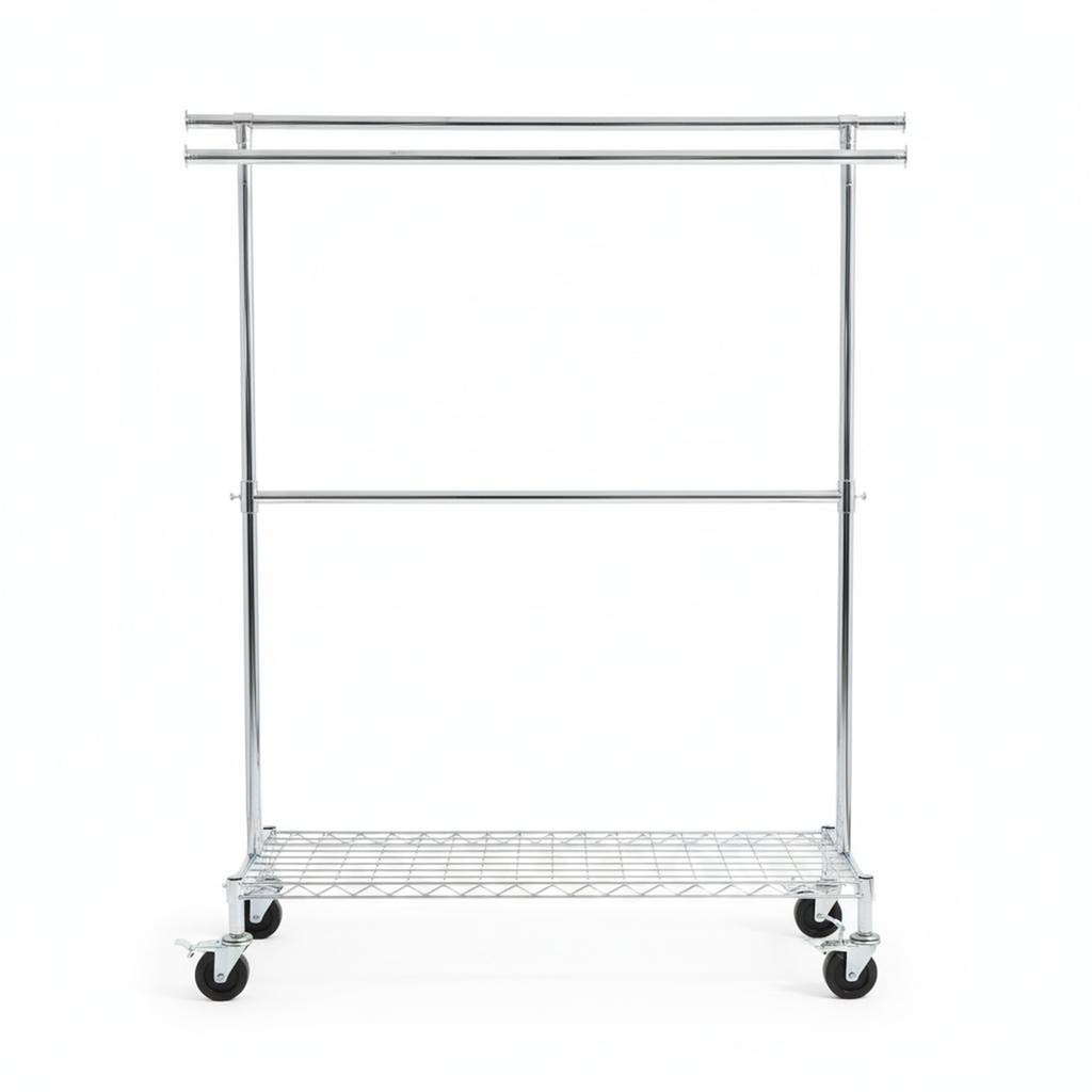 "Double-Bar Mobile Garment Rack with Shelf (Chrome)"