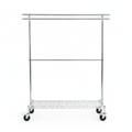 "Double-Bar Mobile Garment Rack with Shelf (Chrome)"