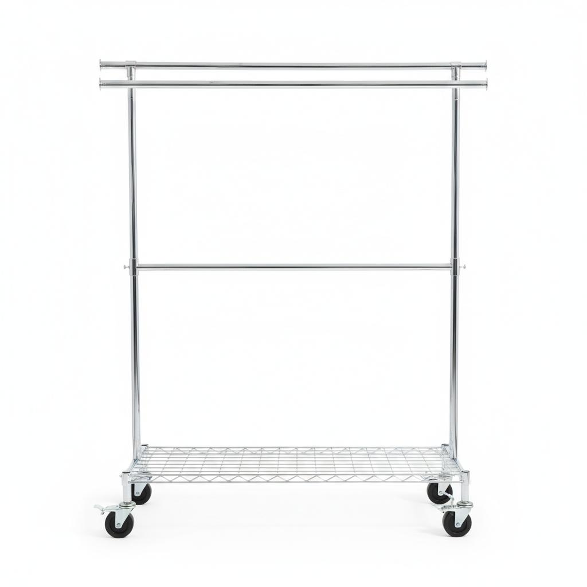 "Double-Bar Mobile Garment Rack with Shelf (Chrome)"