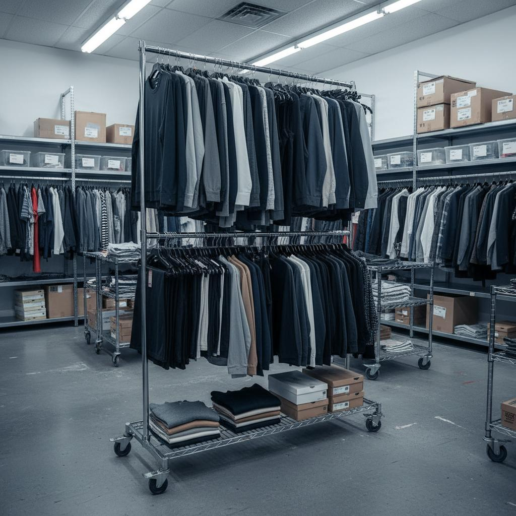 "Double-Bar Mobile Garment Rack with Shelf (Chrome)"